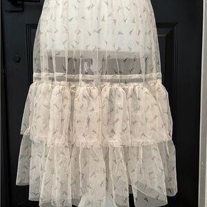 Tunnel Vision Sheer Cream Floral Ruffle Skirt Elastic Drawstring Size M NWOT